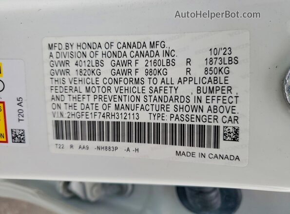 2HGFE1F74RH312113 2024 HONDA CIVIC White Widok komory silnika