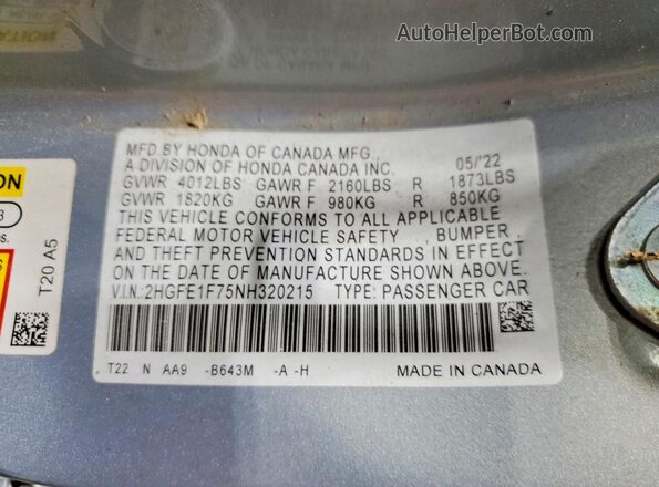 2HGFE1F75NH320215 2022 HONDA CIVIC Blue VIN კოდის სტიკერის ხედი