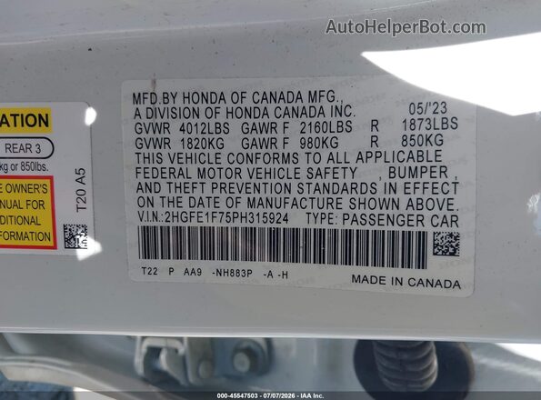 2HGFE1F75PH315924 2023 HONDA CIVIC White Vista del compartimento del motor