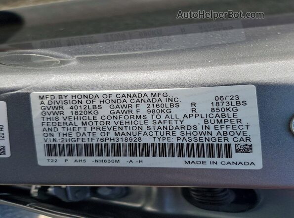 2HGFE1F76PH318928 2023 HONDA CIVIC Silver Вид наклейки з VIN-кодом