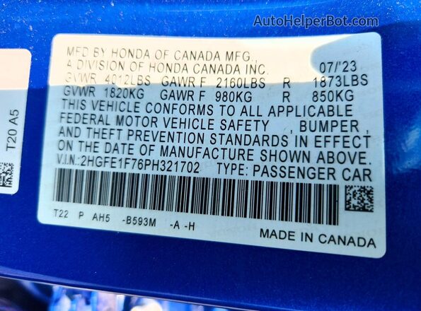 2HGFE1F76PH321702 2023 HONDA CIVIC Blue VIN sticker view