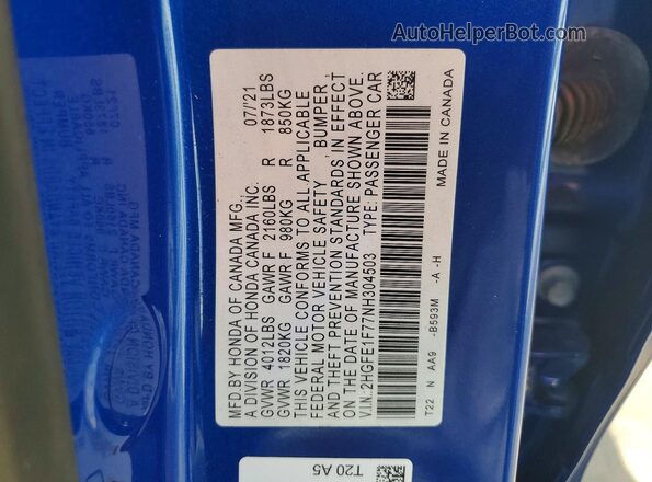 2HGFE1F77NH304503 2022 HONDA CIVIC Blue Engine compartment view