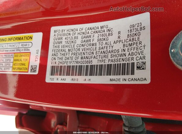 2HGFE1F77RH303695 2024 HONDA CIVIC Red Вид підкапотного простору