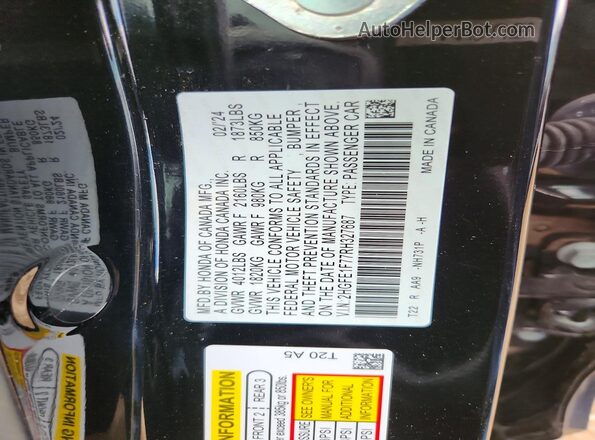 2HGFE1F77RH327687 2024 HONDA CIVIC Black VIN sticker view