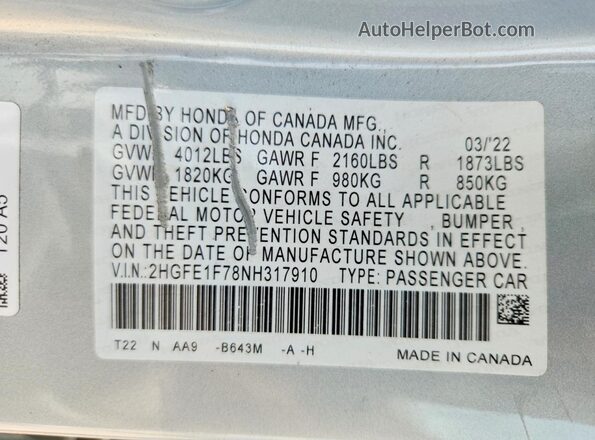 2HGFE1F78NH317910 2022 HONDA CIVIC Серебряный Вид подкапотного пространства