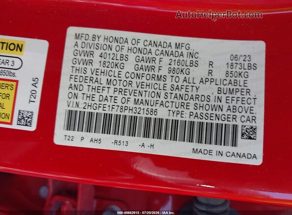 2HGFE1F78PH321586 2023 HONDA CIVIC Красный Вид подкапотного пространства