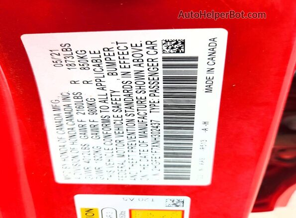 2HGFE1F7XNH302437 2022 HONDA CIVIC Red VIN կոդի պիտակի տեսք