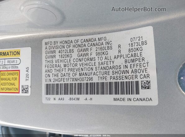 2HGFE1F7XNH307296 2022 HONDA CIVIC Light Blue Vista del compartimento del motor