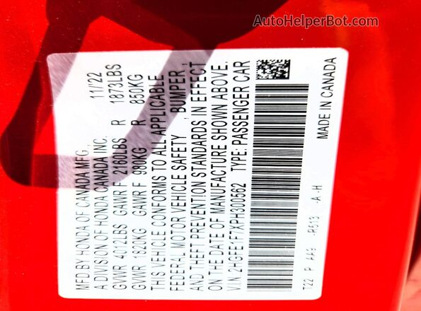 2HGFE1F7XPH300562 2023 HONDA CIVIC Red Vista de la etiqueta del VIN