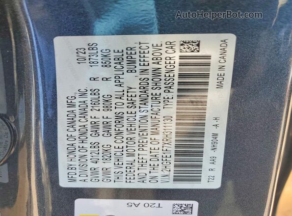2HGFE1F7XRH311130 2024 HONDA CIVIC Gray Widok komory silnika