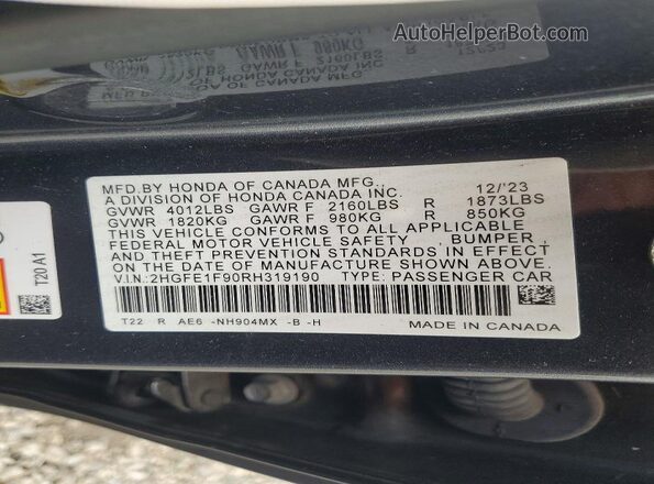 2HGFE1F90RH319190 2024 HONDA CIVIC Gray Engine compartment view