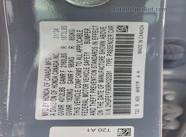 2HGFE1F90RH325281 2024 HONDA CIVIC Gray Widok naklejki z numerem VIN
