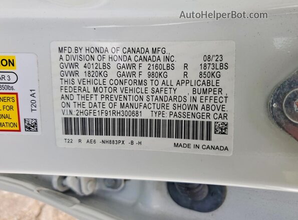 2HGFE1F91RH300681 2024 HONDA CIVIC White VIN კოდის სტიკერის ხედი