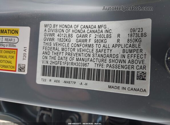 2HGFE1F91RH303967 2024 HONDA CIVIC Blue Շարժիչի բաժամունքի տեսք