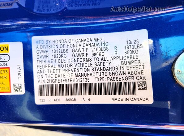 2HGFE1F91RH312135 2024 HONDA CIVIC Blue Widok naklejki z numerem VIN