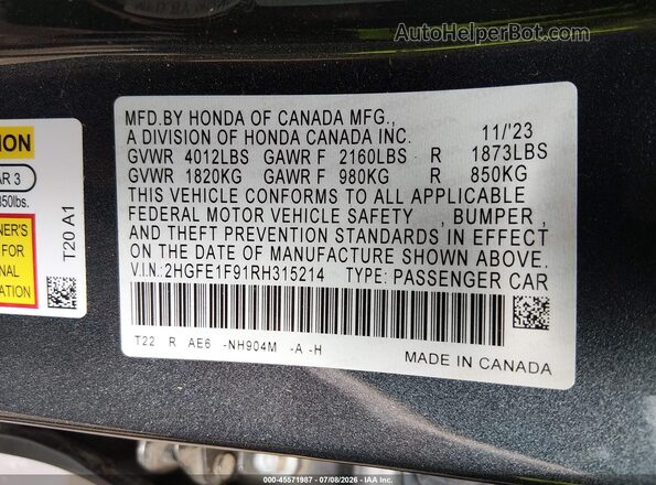 2HGFE1F91RH315214 2024 HONDA CIVIC Gray Vista del compartimento del motor
