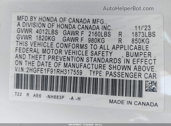 2HGFE1F91RH317559 2024 HONDA CIVIC White Widok komory silnika