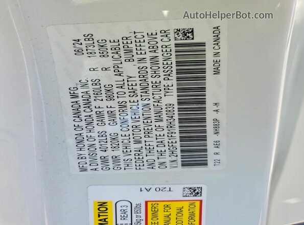 2HGFE1F91RH340839 2024 HONDA CIVIC White Widok naklejki z numerem VIN