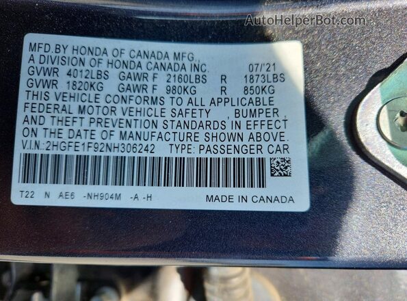 2HGFE1F92NH306242 2022 HONDA CIVIC Серый Вид подкапотного пространства