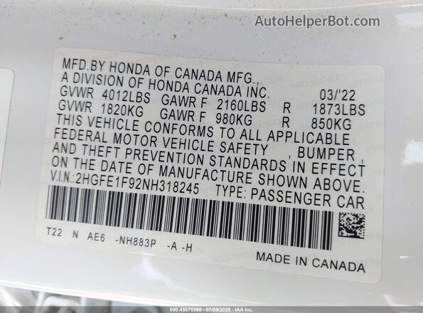 2HGFE1F92NH318245 2022 HONDA CIVIC White Engine compartment view