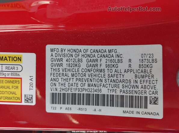 2HGFE1F93PH323456 2023 HONDA CIVIC Red ძრავის განყოფილების ხედი