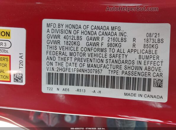 2HGFE1F94NH307957 2022 HONDA CIVIC Red Widok komory silnika