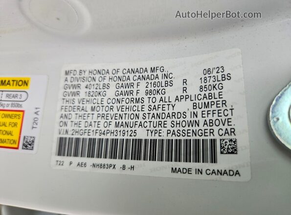 2HGFE1F94PH319125 2023 HONDA CIVIC Белый Вид подкапотного пространства