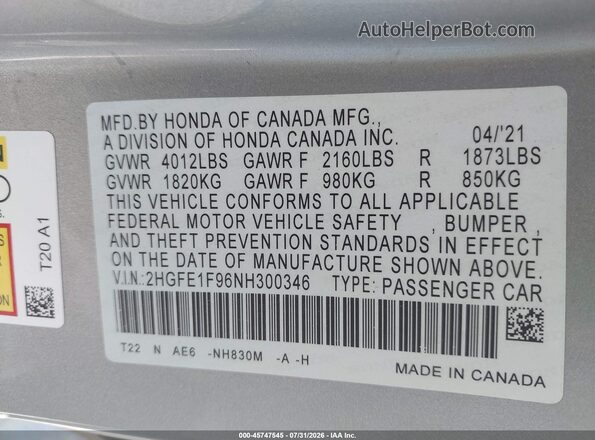 2HGFE1F96NH300346 2022 HONDA CIVIC Silver Շարժիչի բաժամունքի տեսք