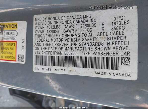 2HGFE1F96NH306700 2022 HONDA CIVIC Blue Շարժիչի բաժամունքի տեսք