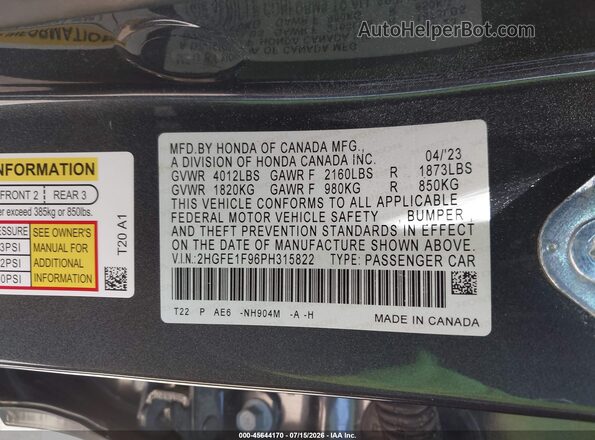 2HGFE1F96PH315822 2023 HONDA CIVIC Gray Engine compartment view