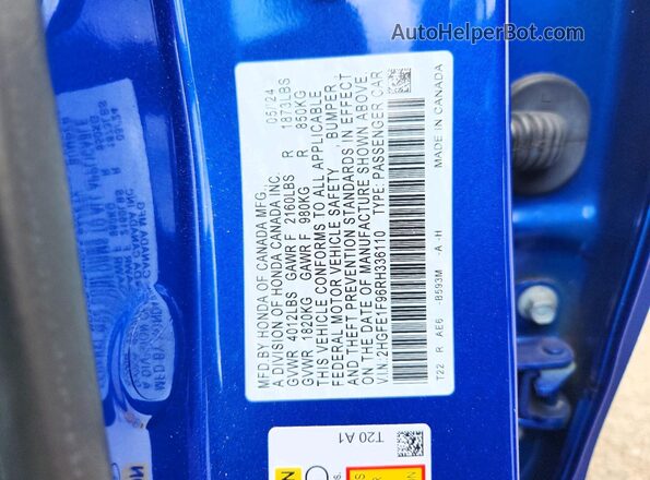 2HGFE1F96RH336110 2024 HONDA CIVIC Blue Vista de la etiqueta del VIN