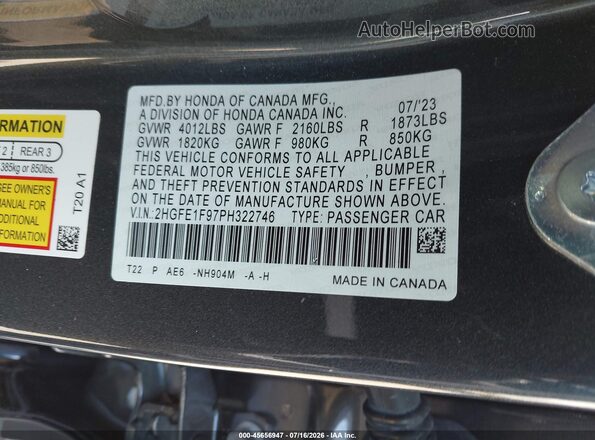 2HGFE1F97PH322746 2023 HONDA CIVIC Серый Вид подкапотного пространства