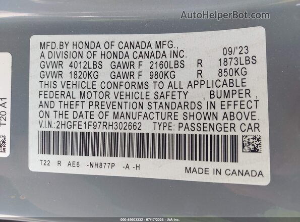 2HGFE1F97RH302662 2024 HONDA CIVIC Light Blue Շարժիչի բաժամունքի տեսք