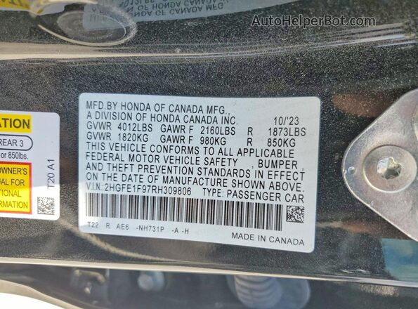 2HGFE1F97RH309806 2024 HONDA CIVIC Black VIN sticker view