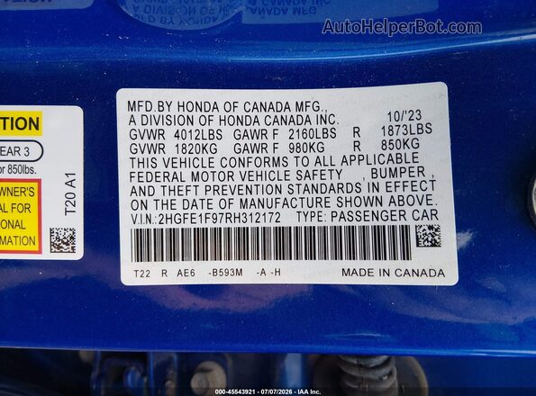 2HGFE1F97RH312172 2024 HONDA CIVIC Blue Widok komory silnika