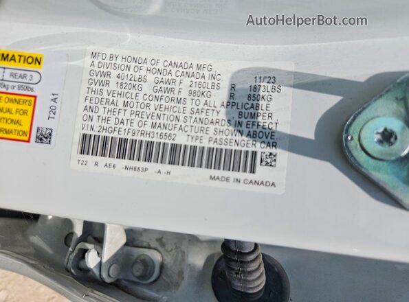 2HGFE1F97RH316562 2024 HONDA CIVIC White Vista de la etiqueta del VIN