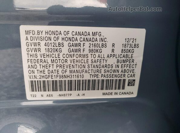 2HGFE1F98NH311610 2022 HONDA CIVIC Blue Engine compartment view