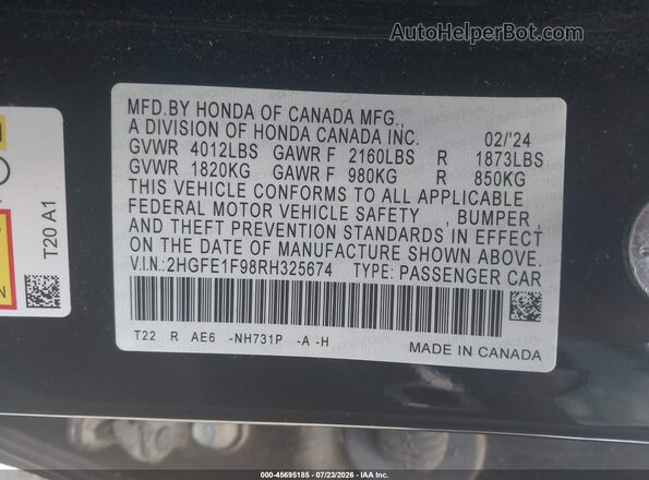 2HGFE1F98RH325674 2024 HONDA CIVIC Black Widok komory silnika