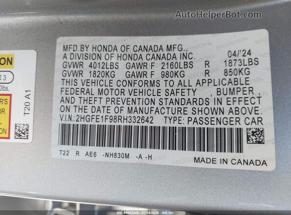 2HGFE1F98RH332642 2024 HONDA CIVIC Gray Vista del compartimento del motor