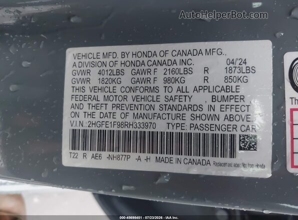 2HGFE1F98RH333970 2024 HONDA CIVIC Gray ძრავის განყოფილების ხედი