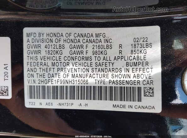 2HGFE1F99NH315066 2022 HONDA CIVIC Black Vista del compartimento del motor