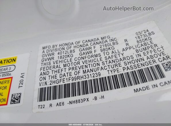 2HGFE1F99RH331239 2024 HONDA CIVIC Белый Вид подкапотного пространства