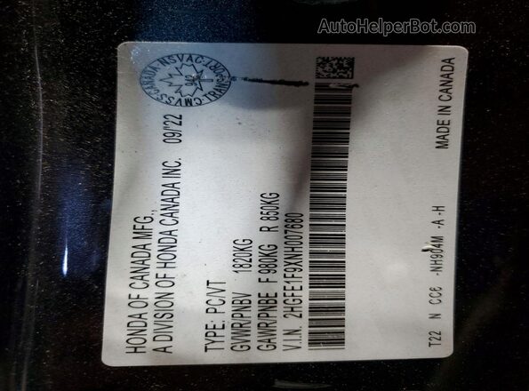 2HGFE1F9XNH007680 2022 HONDA CIVIC Угольный Вид подкапотного пространства