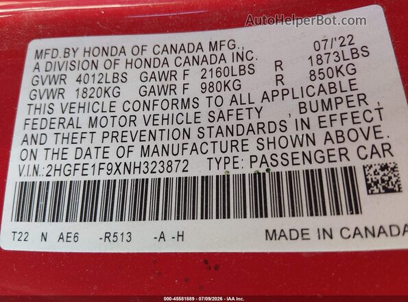 2HGFE1F9XNH323872 2022 HONDA CIVIC Red Vista del compartimento del motor