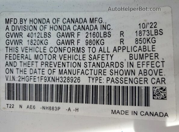 2HGFE1F9XNH328926 2022 HONDA CIVIC Белый Вид подкапотного пространства