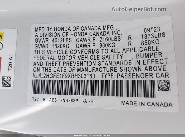 2HGFE1F9XRH303160 2024 HONDA CIVIC Белый Вид подкапотного пространства
