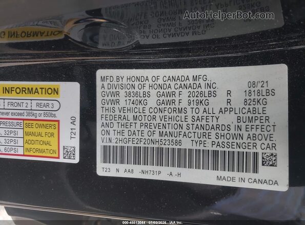 2HGFE2F20NH523586 2022 HONDA CIVIC Black Շարժիչի բաժամունքի տեսք