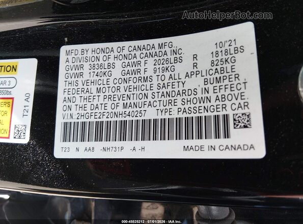 2HGFE2F20NH540257 2022 HONDA CIVIC Black Vista del compartimento del motor