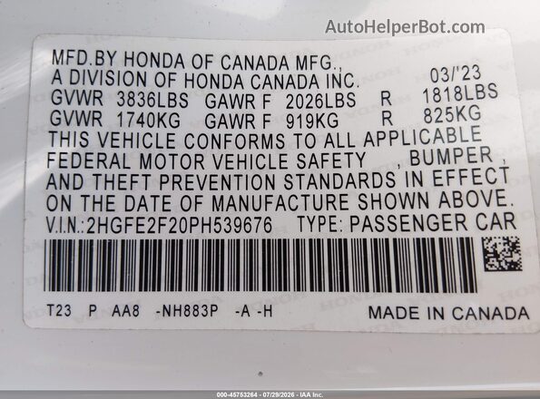 2HGFE2F20PH539676 2023 HONDA CIVIC White Vista del compartimento del motor