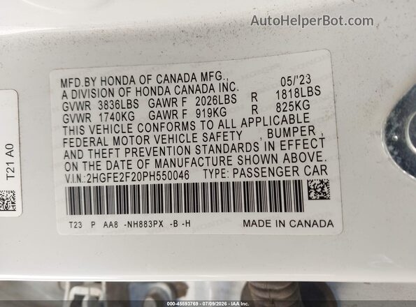 2HGFE2F20PH550046 2023 HONDA CIVIC White ძრავის განყოფილების ხედი